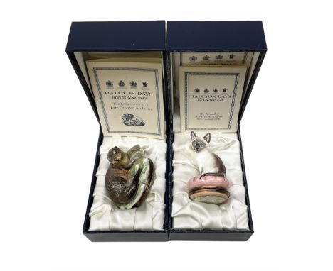 Two Halcyon Days enamel bonbonnieres modelled as animals, Siamese Kitten, and Mijbil - 'The pet otter which Gavin Maxwell wro