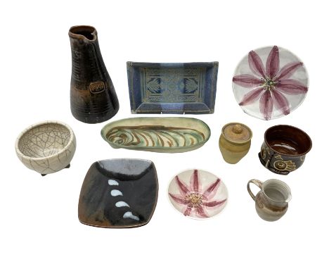 Collection of studio pottery to include Guy &amp; Pip Perkins rectangular dish in blue glaze with geometric design, raku bowl