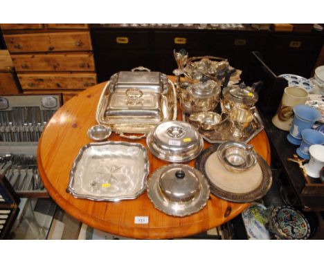 A quantity of various silver plated ware to include entreé dishes, silver trays, flatware, tea ware etc. 