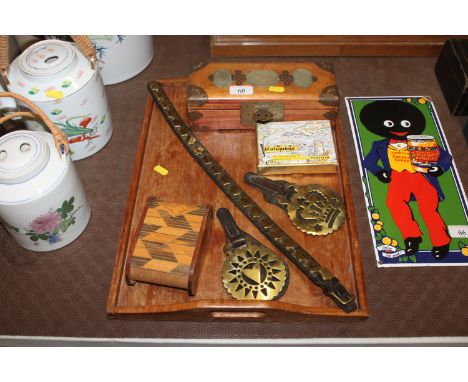 An Oriental wooden brass mounted and hardstone inset trinket box; various horse brasses; a wooden tray etc.