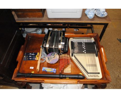 A quantity of various musical instruments to include recorder, accordion etc.