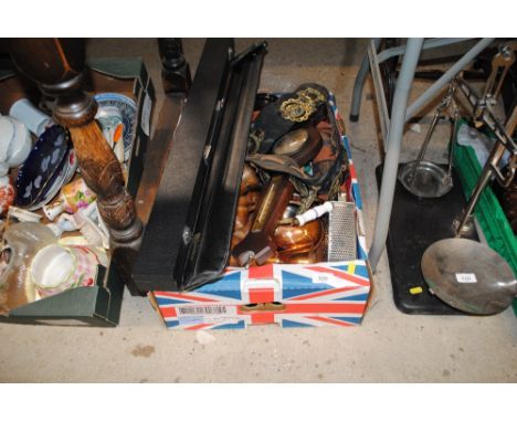 A box of various brassware ; two snooker cues; barometer etc.