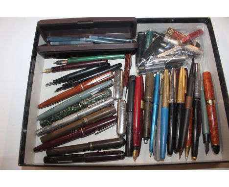 A box of assorted vintage fountain pens, some with 14ct gold nibs; cartridge pens and spares 