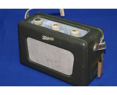 THREE ROBERTS VINTAGE RADIOS
including a green leather box radio, a wooden box radio and a 3-band portable radio in box 