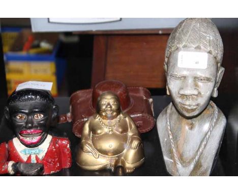 HEAVY STONE AFRICAN BUST, CHINESE BRASS BUDDHA
along with a novelty money bank and vintage camera