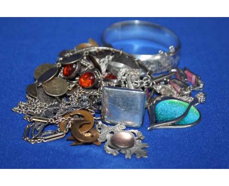 GOOD LOT OF SILVER AND COSTUME JEWELLERY
including medal, rings, fobs, bangle, Ortak enamel pendant, etc