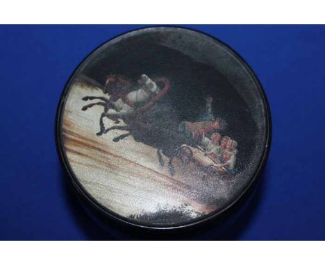 MID-19TH CENTURY RUSSIAN PAPIER MACHE TEA CADDY
of cylindrical form with hand painted scene on the cover 