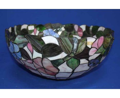 TIFFANY STYLE GLASS CEILING LAMP SHADE
decorated with florals in pink and blue tones with green leaves, 51cm in diameter