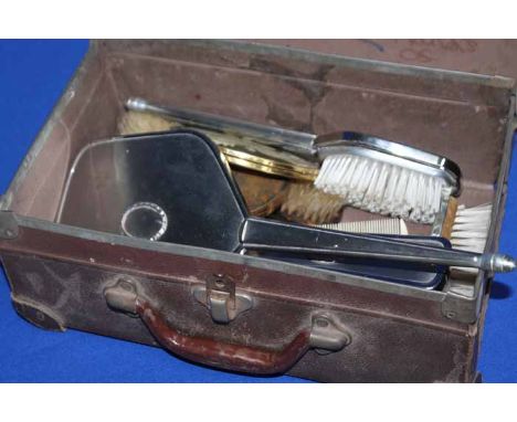 LOT OF BRUSH SETS AND CANDLESTANDS
along with a vintage suitcase and a pair of onyx spill vases 