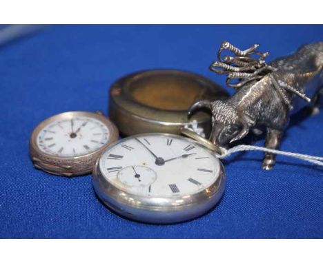 TWO SILVER POCKET WATCHES
one British, one smaller Continental example; together with a white metal novelty cocktail stick se