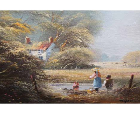 20TH CENTURY CONTINENTAL OIL ON CANVAS
signed Dyer, of a pastoral scene with children playing in a pond, 39cm long