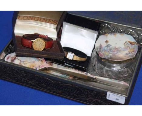 LOT OF COLLECTABLES
including Longines wristwatch, Rotary wristwatch, handpainted brush, mirror and toilet jar, silver mounte