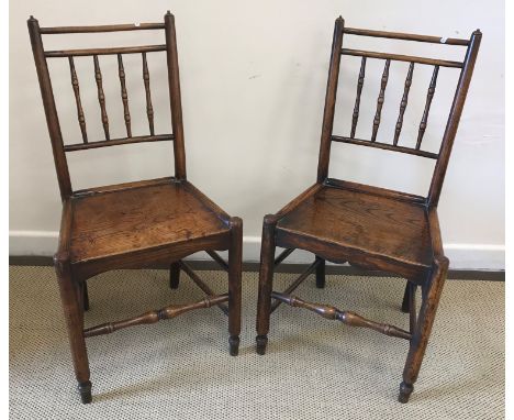 A pair of 19th Century ash and elm Provincial panel seated stick back kitchen chairs 46 cm wide x 38 cm deep x 89.5 cm high