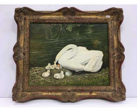 BERNARD FLATFORD "Swan with cygnets and egg", study of birds in landscape, oil on canvas, signed and dated '77 lower left, in