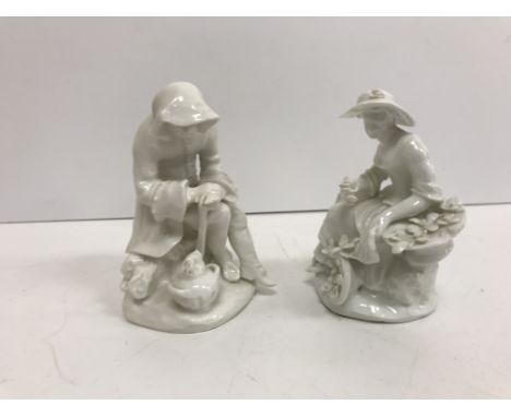 Two 18th Century Bow figures of "Spring" and "Winter", blanc de chine glazed porcelain, depicting "Woman seated with flowers"