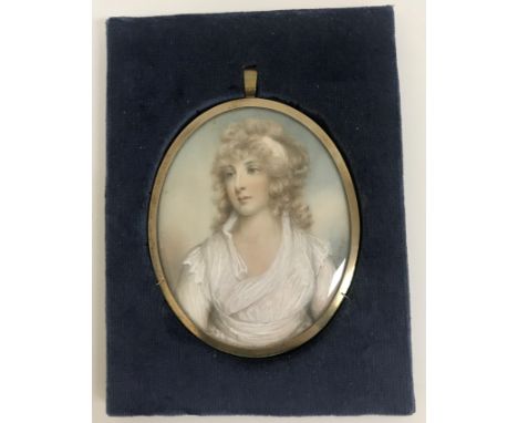 H M O (19TH CENTURY ENGLISH SCHOOL) "Young lady with white hair band in white dress", a miniature portrait study, oil on ivor