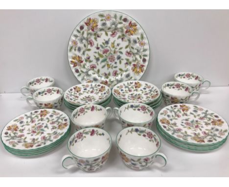 A Minton Haddon Hall eight place tea set comprising cups, saucers, side plates and a circular sandwich plate