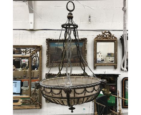 A 20th Century brass framed ceiling light in the Empire style with ram's head and floral swag decoration 43 cm diameter x 72 