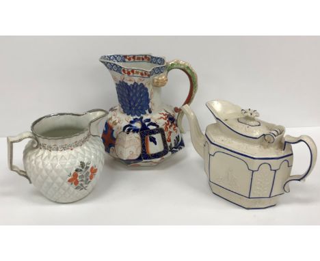 Two boxes of 18th and 19th Century china to include a pineapple relief work pearlware jug with lustre and orange decoration, 