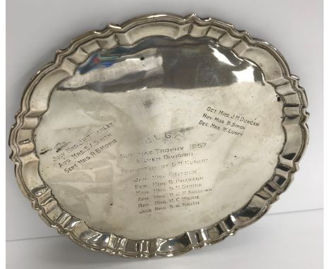 A sterling silver un-marked silver tray / salver as a trophy, 10.67 oz