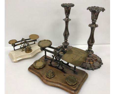 A collection of metal wares etc to include a set of postal scales on a wooden serpentine base with weights and a similar vers