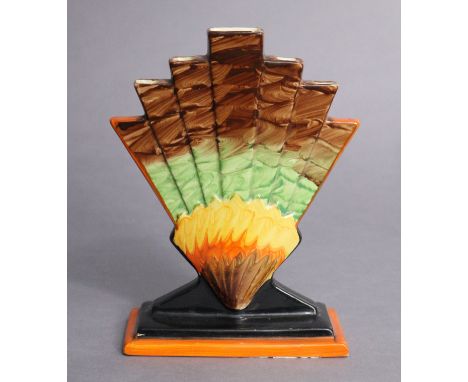 A Myott &amp; Sons art deco flower vase of fan shape, decorated in brightly-coloured enamels, 21cm high x 16cm wide.