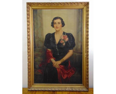 Emil Englerth framed oil on canvas full length portrait of a lady in a black dress, signed bottom left, 17.5 x 76.5cm, ARR ap