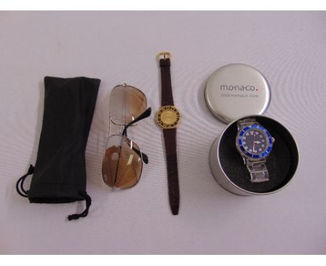 A ladies wristwatch retailed by Harrods, a gentlemans wristwatch by Monaco and pair of vintage Ray-Ban sun glasses