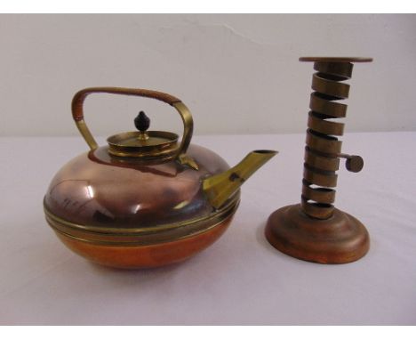 A William Arthur Smith Benson copper and brass teapot in the Christopher Dresser style, stamped to the cover and a Victorian 