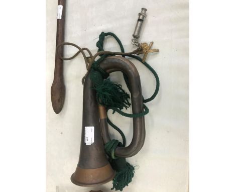 A 1914 WWI Machine Gun Corps bugle, attack whistle and badge