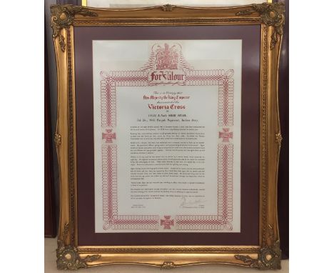 An original framed and signed Victoria Cross citation as awarded to Sher Shah VC by C in C of Indian Army General Auchinleck