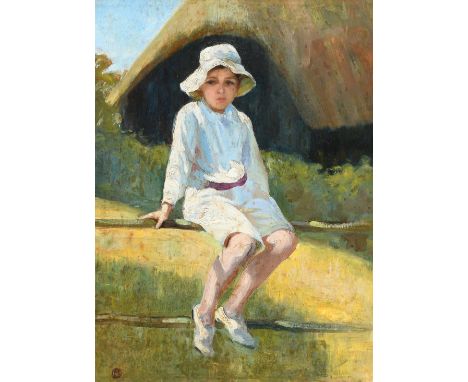British School Early 20th Century Portrait of a child wearing a broad brimmed hat, sitting on a fence in front of a thatched 