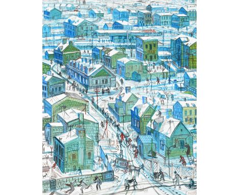 ‡Edward Dwurnik (Polish 1943-2018) City in the snow Signed and dated E.DWURNIK/1974 K (lower right) Oil on canvas 92.8 x 74cm