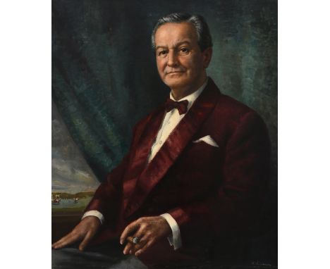 ‡Hilda Elizabeth Kidman (1891-1980) Portrait of Jabez Barker (c.1890-1975), wearing a burgundy smoking jacket, with a racecou