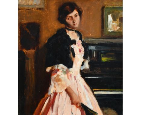 ‡Giannino Marchig (Italian 1897-1983) Portrait of a lady by a piano wearing a pink dress and holding a fan Signed G Marchig (