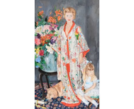 ‡James Reeve (b.1939) Portrait of a lady wearing a kimono, with her daughter and dog, standing next to a vase of flowers Sign