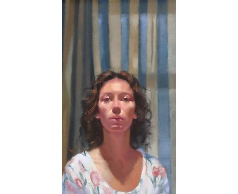 ‡Yana Trevail (Contemporary) Self portrait before a striped curtain Signed twice Yana Trevail and dated 2000 (to reverse) Oil