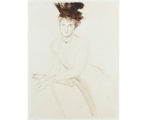 Paul César Helleu (French 1859-1927) Portrait of a lady leaning on a chair Signed Helleu (to margin) Drypoint 34.3 x 26cm (pl