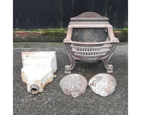 A cast iron fire grate, together with a pair of cast iron wall pockets and an iron hopper (4)fire grate: 58cm