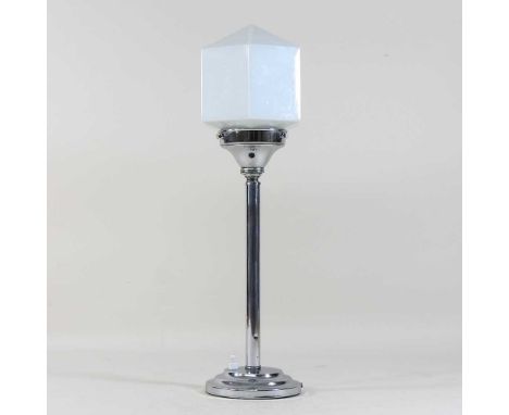 An Art Deco chrome table lamp, with a hexagonal opaque glass shade48cm highCondition report: Is not currently wired, but has 