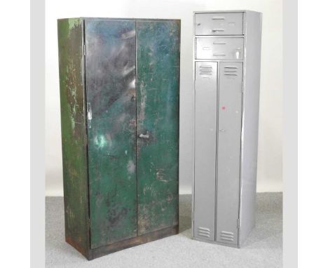 A vintage green painted metal cabinet, 86w x 178h cm, together with another smaller in grey (2)