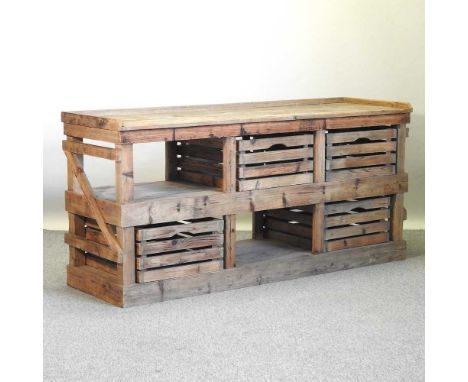 A rustic pine vintage style sideboard, fitted with pull-out storage trays, on a plinth base180w x 55d x 86h cm