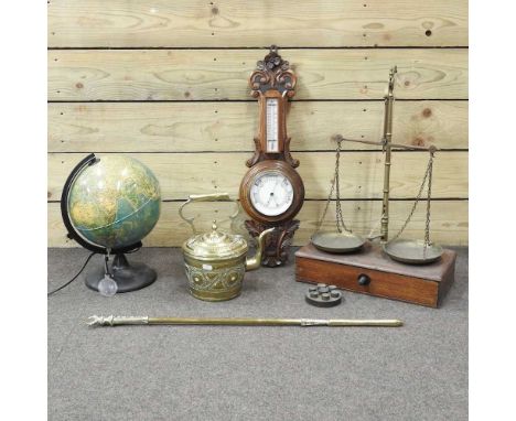 A set of 19th century brass balance scales, on a mahogany base, 59cm high, together with an early 20th century aneroid barome