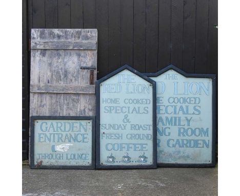 An antique wooden door, 82 x 173cm together with a collection of pub signs, a wrought iron garden gate and a white painted me