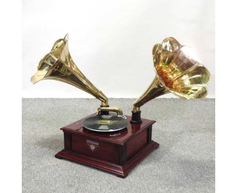 A modern vintage style wind up gramophone, with twin horns40cm square