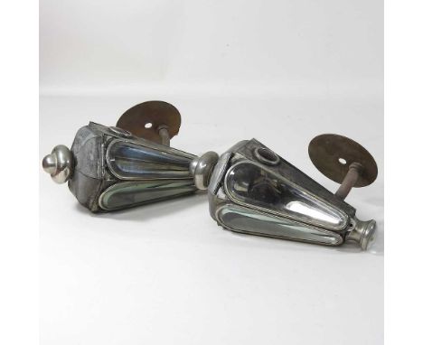 A pair of 19th century painted metal coaching lamps, each with bevelled glass panels26cm highCondition report: One glass pane