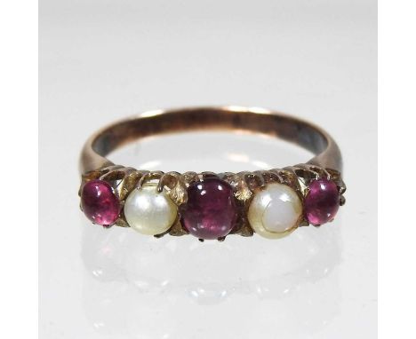 An unmarked ruby and pearl ring, set with alternating stones, 3.3g, size N