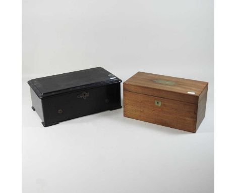 An early 19th century mahogany tea caddy, fitted with two cannisters, 30cm wide, together with a 19th century Swiss musical b