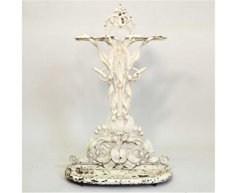 A late 19th century Coalbrookdale style painted cast iron stick stand, decorated with bullrushes, registration diamond to bas