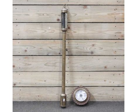 A 19th century marine stick barometer, 92cm long, together with an early 20th century oak cased aneroid barometer, inscribed 